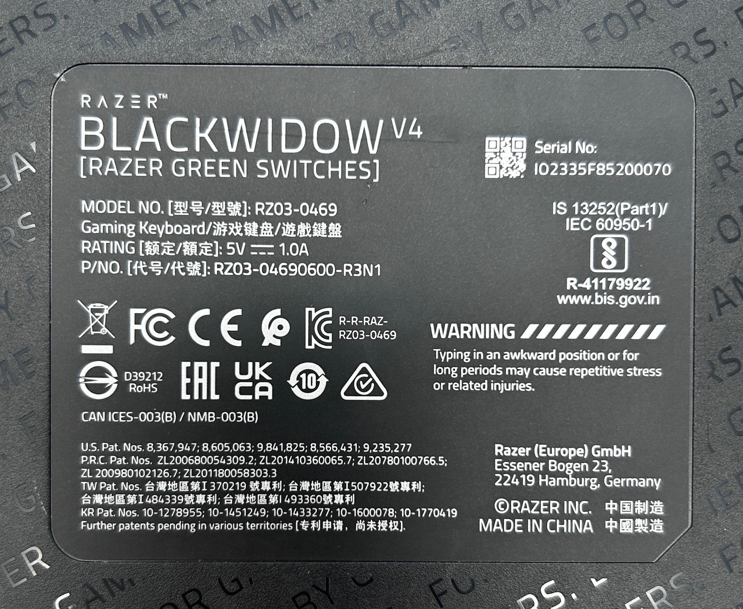 Razer Blackwidow V4 (Razer Green Switches) Gaming Žaidimų Klaviatūra