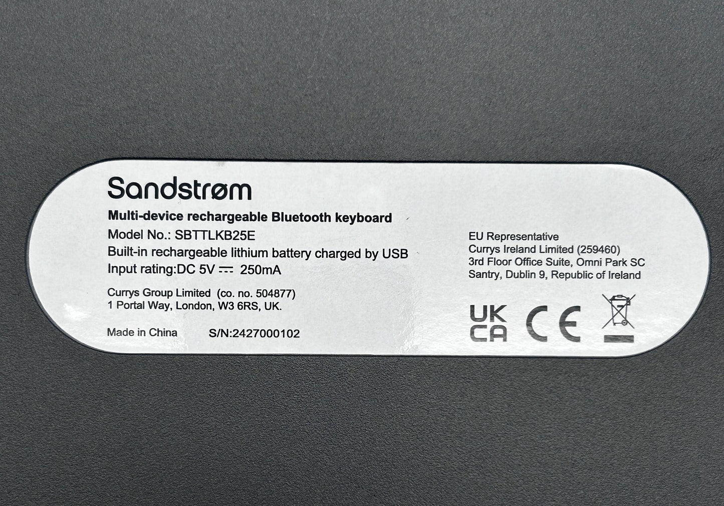 Sandstrom Multi-device Rechargeable Bluetooth Belaidė Darbo / Ofiso Klaviatūra