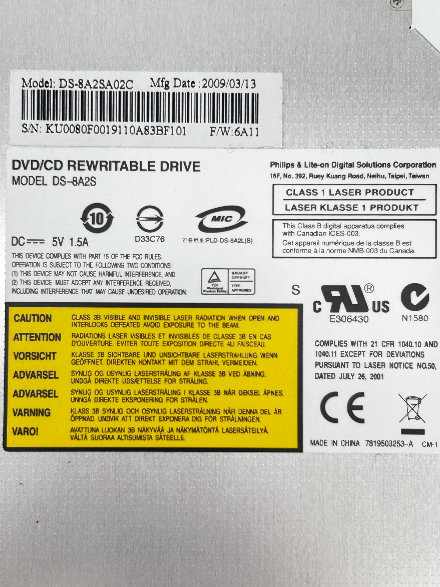 Acer Aspire 5737Z DVD CD-RW Optical Disk Drive Diskas DS-8A2S