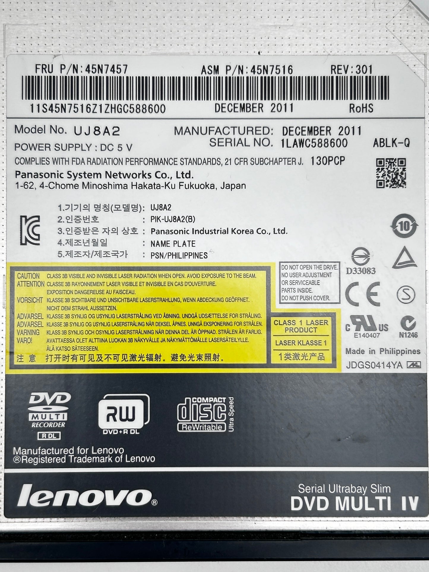 Original Lenovo ThinkPad T420s DVD Optical Drive Optinis Įrenginys CD-RW UJ8A2 45N7457