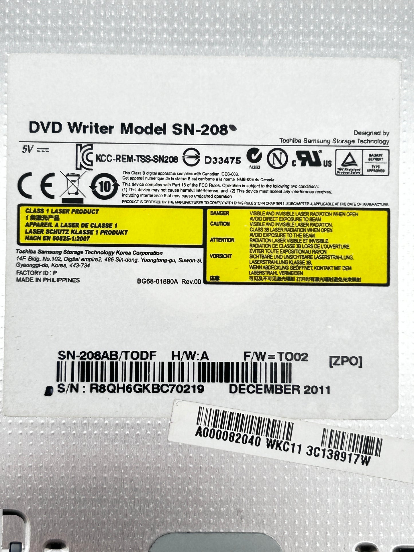 Toshiba Samsung SN-208 DVD Writer Optical Drive Optinis Įrenginys SN-208AB
