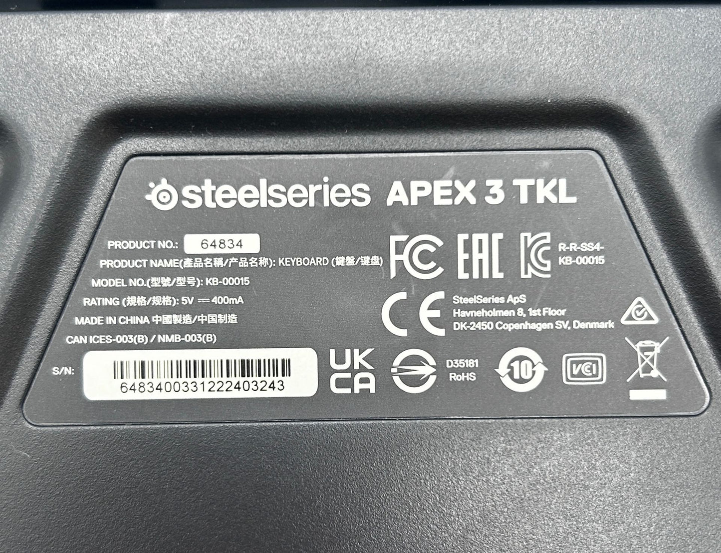 SteelSeries APEX 3 TKL Membraninė Gaming Žaidimų Klaviatūra