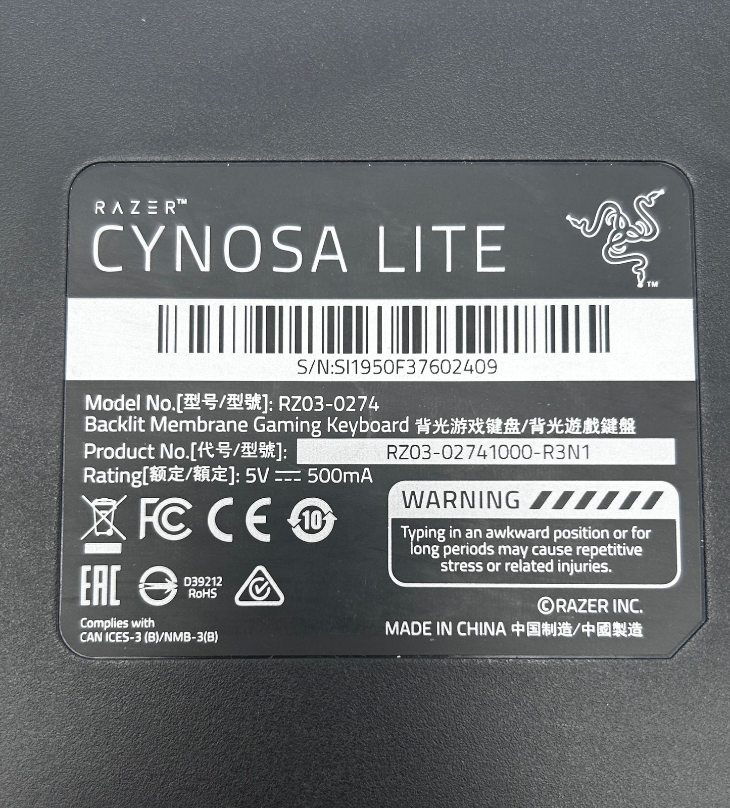 RAZER Cynosa Lite Membraninė Gaming Klaviatūra